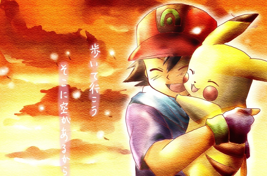 1boy :3 ash_ketchum baseball_cap black_hair closed_eyes cloud creatures_(company) dandelion_seed fingerless_gloves game_freak gen_1_pokemon gloves hat highres holding holding_pokemon hug male_focus nintendo open_mouth orange_sky pikachu pokemon pokemon_(anime) pokemon_(creature) pokemon_rse_(anime) red_hat short_hair short_sleeves sky smile translation_request upper_body user_yzfy2285