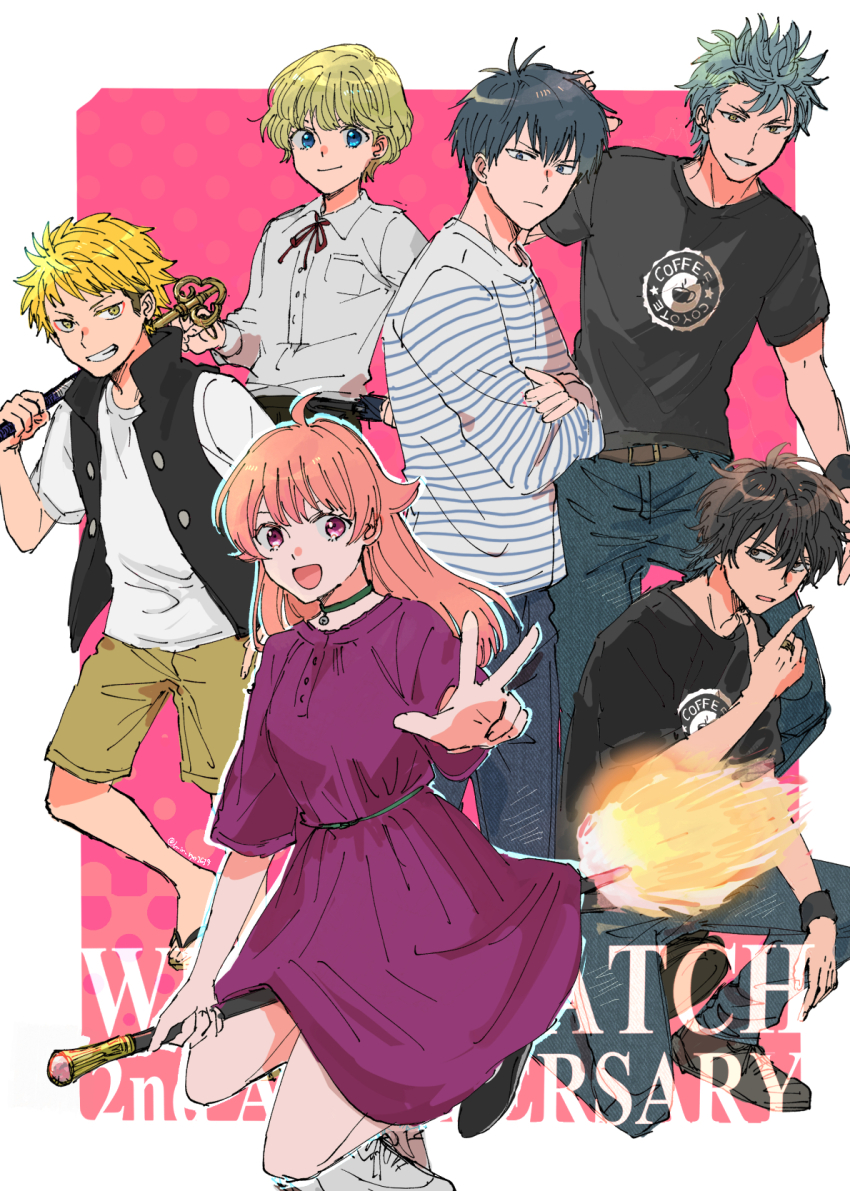 1girl 4boys anniversary belt black_hair black_shirt black_vest blonde_hair blue_eyes broom broom_riding brown_shorts choker copyright_name crossed_arms denim dress dual_persona highres hinata_(ryohinata) jeans jewelry kazamatsuri_kanshi kiryu_miharu magami_keigo multiple_boys open_clothes open_vest otogi_morihito pants pink_background purple_dress red_eyes ring sandals shirt shoes short_hair shorts sketch striped_clothes striped_shirt t-shirt vest wakatsuki_niko white_shirt witch_watch wristband yellow_eyes