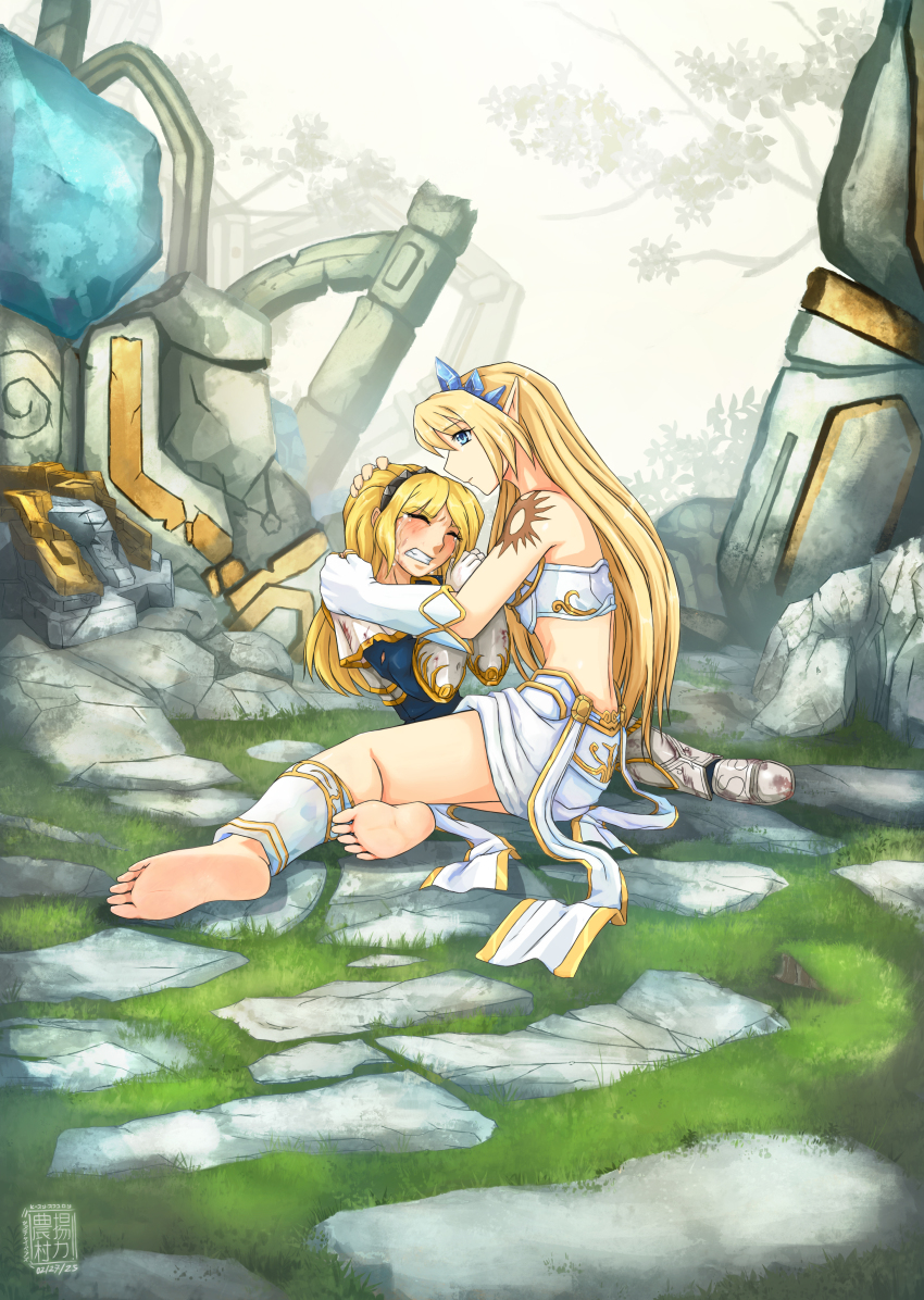 2girls absurdres barefoot comforting crying crystal damaged defeat despair feet forest highres hug janna_(league_of_legends) league_of_legends legs lux_(league_of_legends) multiple_girls nature ruins sad soles video_game