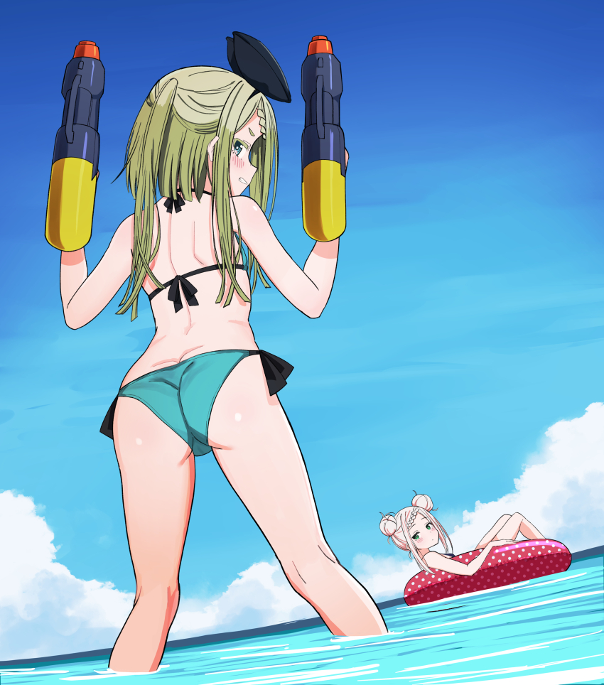 2girls absurdres bare_shoulders bikini blonde_hair blue_sky cloud cloudy_sky green_bikini green_eyes green_hair hair_bun hairband highres holding holding_water_gun innertube looking_at_viewer looking_back multiple_girls ocean on_innertube original partially_submerged side-tie_bikini_bottom sky smile swim_ring swimsuit urushiushiru water_gun