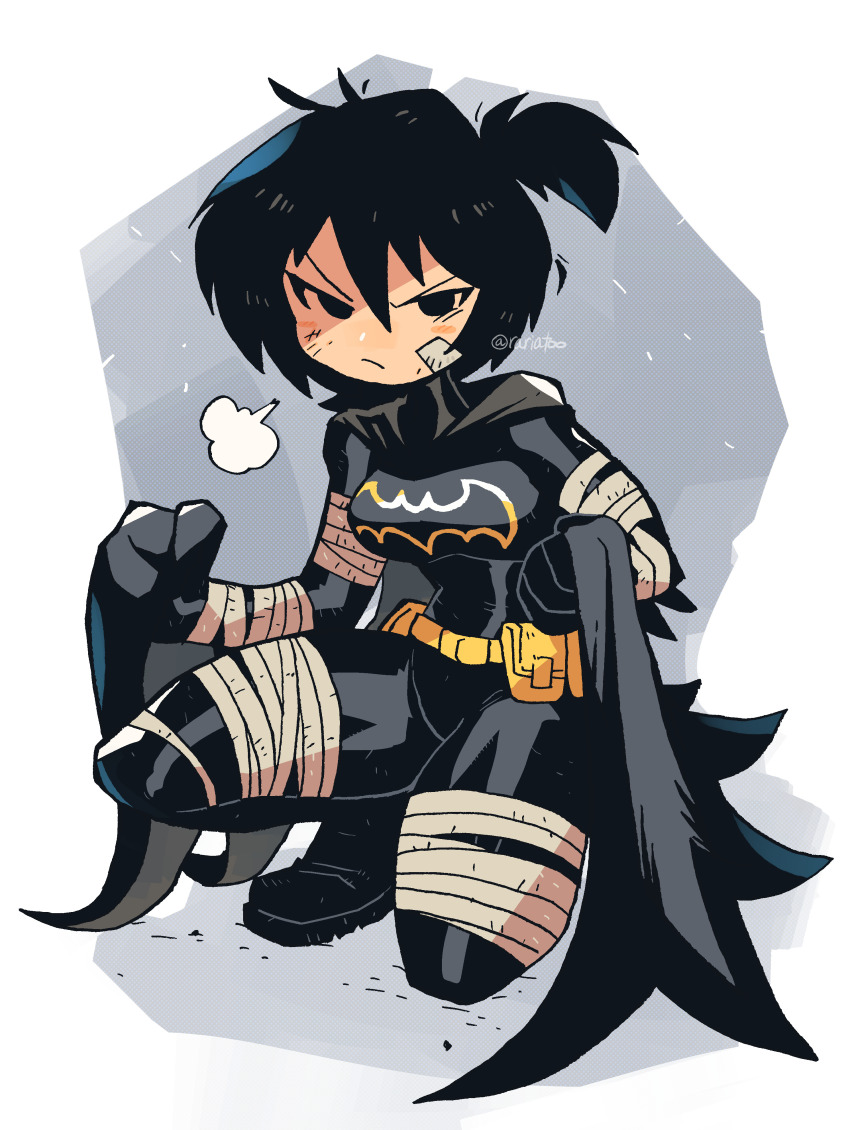 1girl abs absurdres animal_print animification artist_name bandaged_wrist bandages bat_print batgirl batman_(series) belt black_hair bodysuit breasts cape cassandra_cain commentary dc_comics english_commentary highres looking_at_viewer medium_breasts on_one_knee ponytail rariatto_(ganguri) serious short_hair solo superhero_costume twitter_username utility_belt