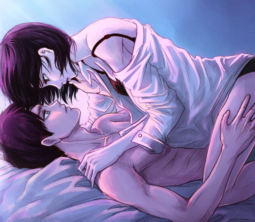 1boy 1girl back black_eyes black_hair black_panties brown_hair commentary daydream24-7 english_commentary eren_yeager eye_contact from_side girl_on_top green_eyes hetero looking_at_another mikasa_ackerman off_shoulder panties shingeki_no_kyojin shirt topless_male underwear white_shirt