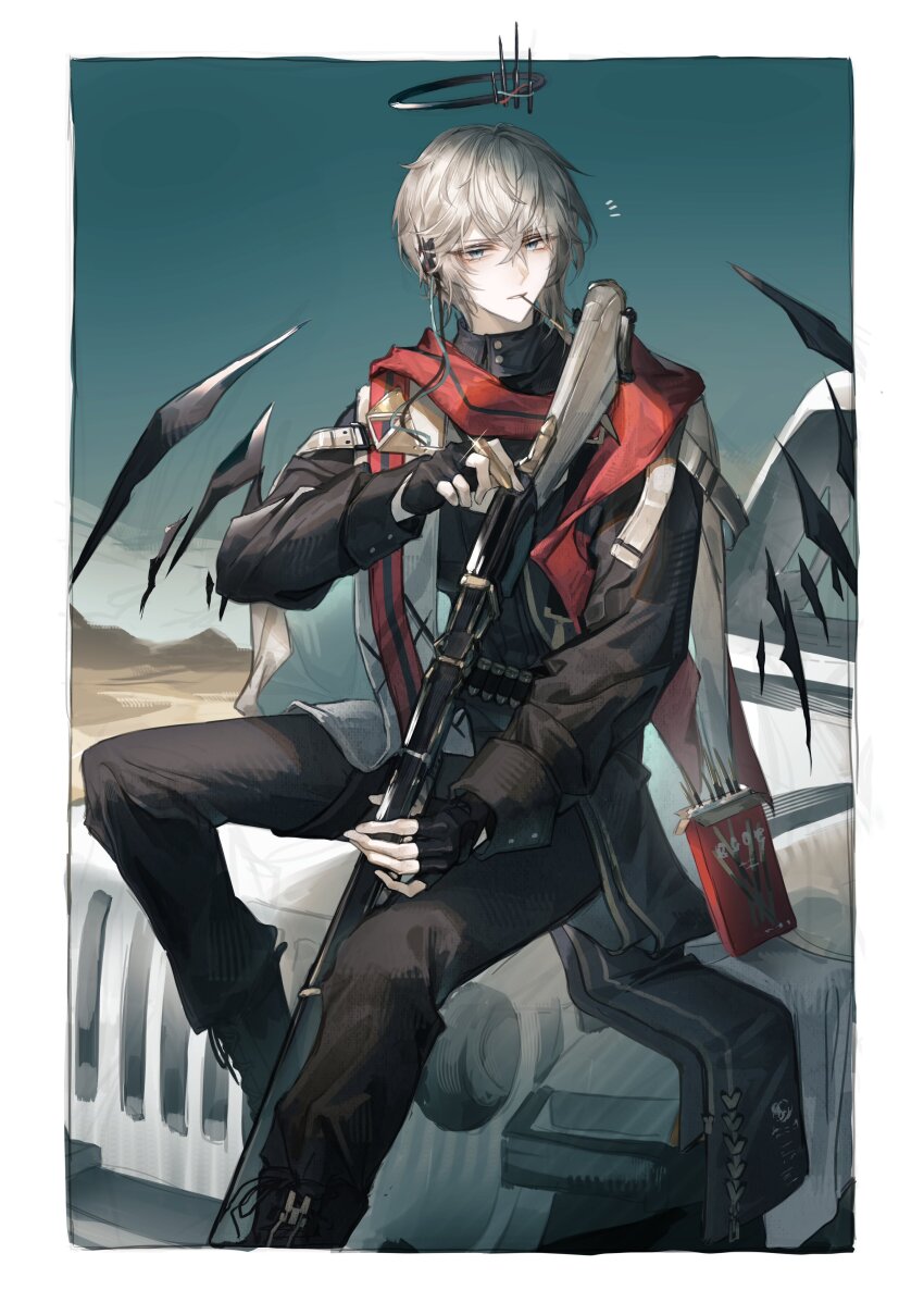 1boy absurdres arknights bandolier belt between_fingers black_belt black_boots black_coat black_gloves black_halo black_pants black_wings blue_eyes blue_sky boots border buttoned_cuffs buttons cable car clear_sky cloak coat commentary crossed_bangs day detached_wings earpiece executor_(arknights) executor_the_ex_foedere_(arknights) expressionless fingerless_gloves fingernails food food_in_mouth foot_out_of_frame from_side glint gloves grey_hair gun hair_between_eyes halo hand_up high_collar highres holding holding_gun holding_weapon jeep_wrangler knee_up lace-up_boots lever_action long_bangs long_sleeves looking_at_viewer looking_to_the_side male_focus mechanical_halo mechanical_wings messy_hair military_jeep motor_vehicle mountainous_horizon mouth_hold notice_lines official_alternate_costume on_car outdoors outside_border pants parted_lips pocky pocky_in_mouth puffy_long_sleeves puffy_sleeves red_cloak reloading sand shoelaces shotgun shotgun_shell sitting sky solo sports_utility_vehicle strap takano_jiyuu teeth turning_head turtleneck two-tone_cloak weapon white_border white_cloak wings