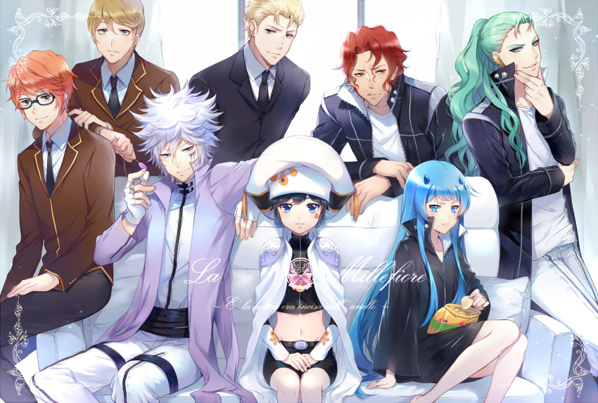 2girls 5boys aqua_eyes aqua_hair black_hair blonde_hair blue_eyes blue_hair bluebell brown_hair byakuran cape ekita_kuro glasses hat highres irie_shoichi katekyo_hitman_reborn! kikyo_(reborn) long_hair multiple_boys multiple_girls necktie orange_hair red_hair short_hair shorts spanner_(reborn!) uni_(reborn) white_hair zakuro_(reborn)