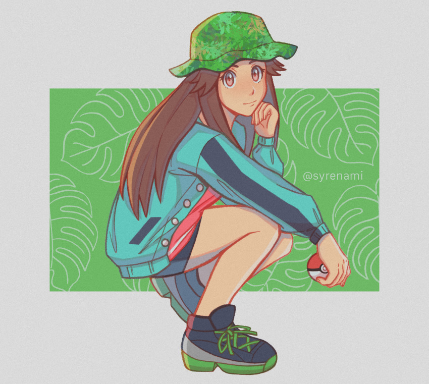 1girl absurdres bike_shorts brown_hair cross-laced_footwear full_body green_hat hat highres holding holding_poke_ball jacket leaf_(pokemon) leaf_(sygna_suit)_(pokemon) looking_at_viewer nintendo official_alternate_costume poke_ball poke_ball_(basic) pokemon pokemon_masters_ex solo squatting syrenami twitter_username