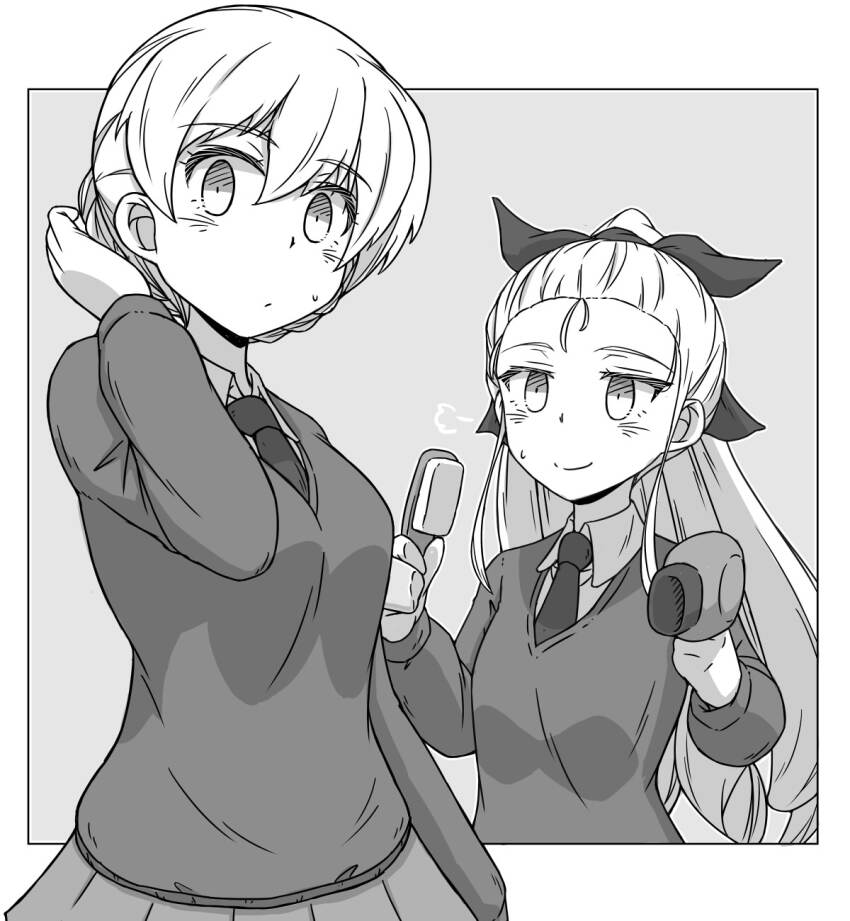 2girls assam_(girls_und_panzer) braid closed_mouth darjeeling_(girls_und_panzer) dress_shirt girls_und_panzer greyscale hair_brush hair_dryer hair_pulled_back hair_ribbon hand_in_own_hair highres holding holding_brush holding_hair_brush holding_hair_dryer light_frown long_hair long_sleeves looking_at_another looking_at_viewer miniskirt monochrome multiple_girls necktie pleated_skirt renshiu ribbon school_uniform shirt short_hair sigh sitting skirt smile st._gloriana&#039;s_school_uniform standing sweatdrop sweater twin_braids v-neck wing_collar