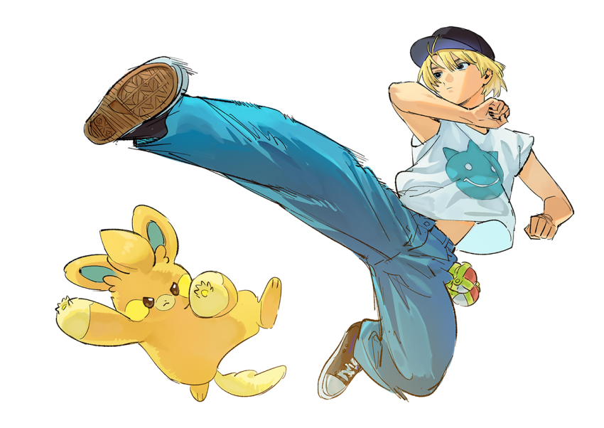 1girl baby_walkure blonde_hair blue_pants brown_jacket brown_pants closed_mouth commentary fukagawa_mahiro hood hood_down hooded_jacket jacket multiple_views nintendo open_clothes open_jacket open_mouth pants pawmi pawmo pawmot plaid_clothes plaid_jacket pokemon shirt short_hair simple_background soramame_(corndog) white_background white_shirt