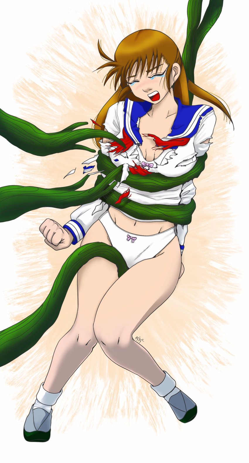 1girl bdsm blue_seed bondage bound bra crying closed_eyes fifi25502886 fujimiya_momiji full_body highres imminent_rape panties peril rape restrained scared screaming tears tentacles tentacles_under_clothes underwear white_bra white_panties