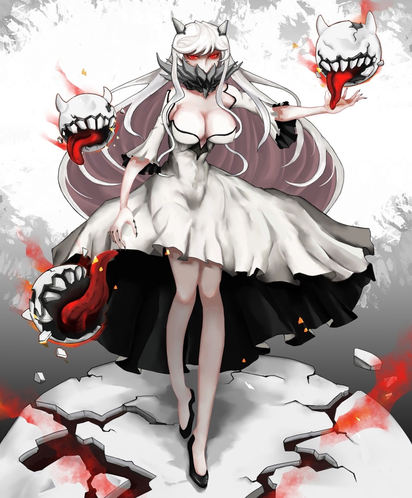 10s 1girl abyssal_ship black_nails breasts claws cleavage covered_mouth crack cracked_floor cracked_shell detached_sleeves dress female_focus floating_fortress_(kancolle) flying_fortress highres horns kantai_collection large_breasts long_hair looking_at_viewer midway_princess nail_polish outstretched_arm pepii red_eyes shaded_face slippers solo strapless strapless_dress tongue very_long_hair white_dress white_hair wide_hips