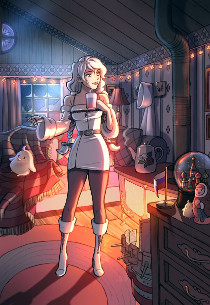 1girl absurdres anchor anchor_symbol avrora_(azur_lane) azur_lane bare_shoulders bed belt belt_buckle blue_eyes boots braid breasts buckle chest_of_drawers collarbone cup detached_sleeves dress female_focus fur_boots fur_trim hair_between_eyes highres holding javi_draws kremlin long_hair long_sleeves manjuu_(azur_lane) matryoshka_doll medium_breasts mug open_mouth pantyhose rigging russian_flag smile snow snow_globe snowing solo st._basil&#039;s_cathedral standing tea twin_braids