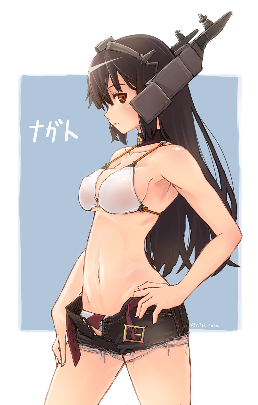 10s 1girl :c alternate_costume belt bikini black_hair breasts brown_hair casual character_name collarbone covered_erect_nipples cowboy_shot cutoffs female_focus frown hand_on_own_hip headgear highres kantai_collection long_hair looking_at_viewer matsumae_takumi medium_breasts nagato_(kancolle) o-ring o-ring_bikini open_belt red_eyes short_shorts shorts sideways_glance simple_background sketch solo strap_gap string_bikini swimsuit unbuckled unbuttoned white_bikini
