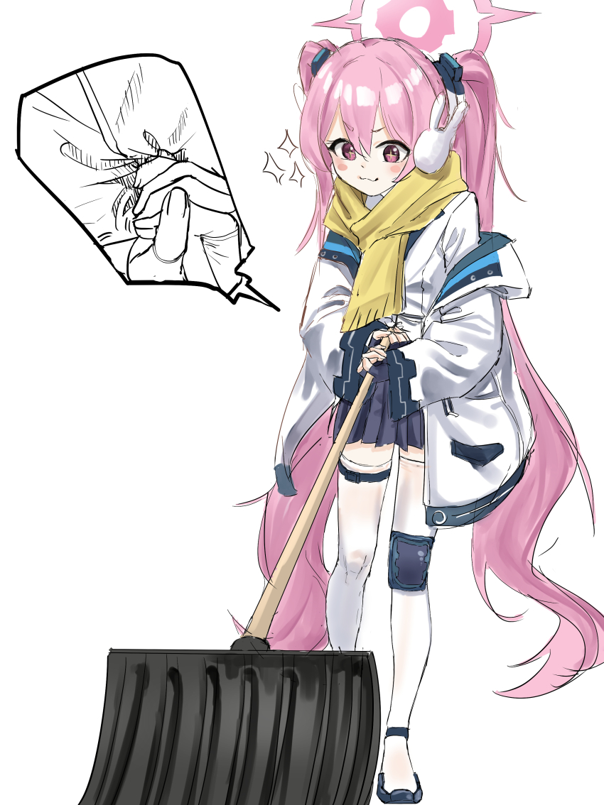 1girl :3 absurdres black_footwear blue_archive blue_skirt blush brown_eyes hair_between_eyes haoma highres holding holding_shovel jacket knee_pads koyuki_(blue_archive) long_hair pink_hair rabbit_earmuffs scarf shovel sidelocks single_knee_pad skirt smile thighhighs twintails white_jacket white_thighhighs yellow_scarf