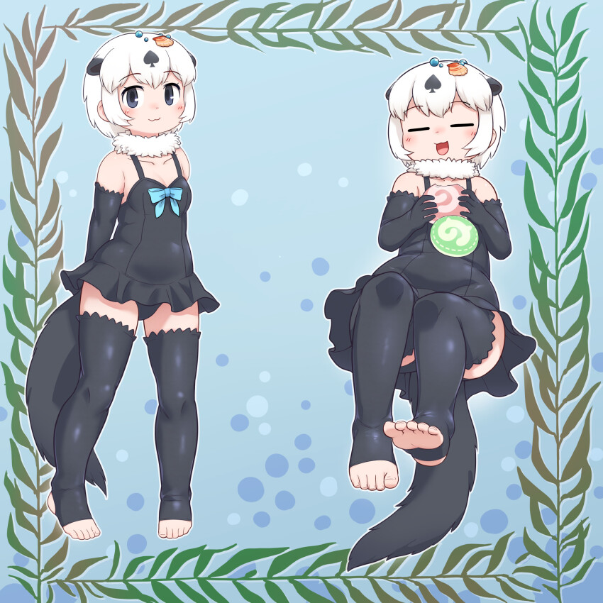 0x0082 1girl :3 animal_ears arm_behind_back bare_shoulders black_gloves black_hair black_one-piece_swimsuit black_thighhighs breasts californian_sea_otter_(kemono_friends) closed_eyes closed_mouth detached_collar elbow_gloves food full_body fur_collar gloves hands_up highres holding holding_food japari_bun kemono_friends knees_up legs_apart looking_at_viewer medium_hair multicolored_hair multiple_views one-piece_swimsuit open_mouth otter_ears otter_girl otter_tail purple_eyes shell shell_hair_ornament small_breasts soles standing stirrup_legwear swimsuit tail thighhighs toeless_legwear toes two-tone_hair white_hair