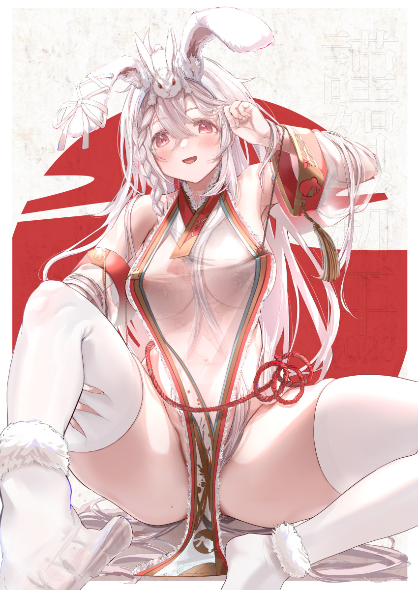 1girl :d absurdly_long_hair absurdres adjusting_hair animal animal_ear_hairband animal_ears animal_on_head blush braided_sidelock breasts chinese_zodiac commentary_request crossed_bangs detached_sleeves dress fake_animal_ears feet fur-trimmed_dress fur_anklet fur_trim hairband hand_in_own_hair hand_on_own_thigh highres karya knee_up large_breasts long_hair looking_at_viewer lop_rabbit_ears mole mole_on_thigh on_ground on_head open_mouth original pelvic_curtain pink_eyes rabbit_ear_hairband rabbit_ears rabbit_ornament red_rope ribbon rope see-through_clothes see-through_dress see-through_sleeves sitting skindentation smile solo straight-on tassel thighhighs toes very_long_hair white_hair white_rabbit_(animal) white_ribbon white_thighhighs year_of_the_rabbit
