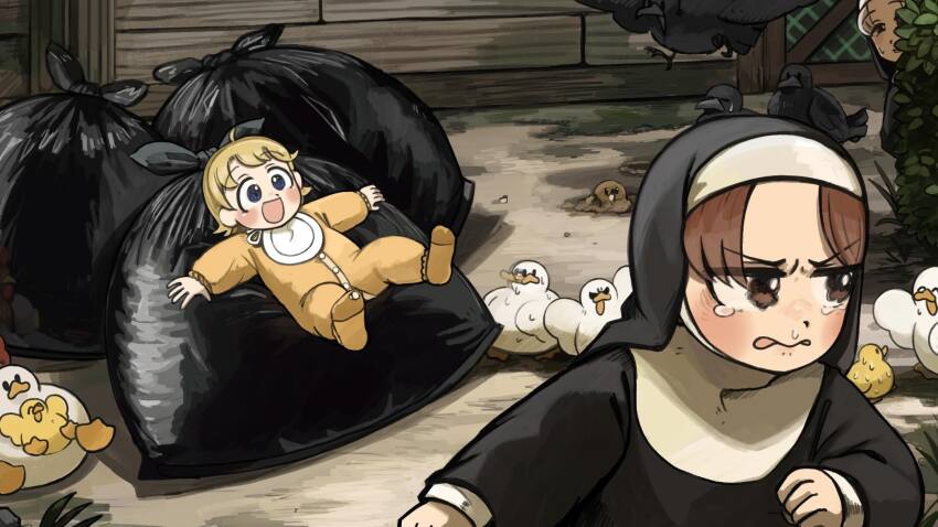 3girls :d aged_down angry baby baby_animal bird blonde_hair blue_eyes blush brown_eyes brown_hair chicken clumsy_nun_(diva) commentary crow diva_(hyxpk) duck duckling english_commentary grey_hair highres hungry_nun_(diva) little_nuns_(diva) mole_(animal) motion_blur multiple_girls nervous_sweating nun open_mouth smile smug_nun_(diva) sweat tearing_up traditional_nun trash_bag