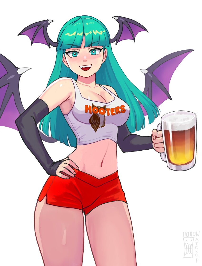 1girl :d absurdres alcohol alternate_costume aqua_eyes aqua_hair bare_shoulders beer beer_mug blunt_bangs blush breasts cleavage clothes_writing collarbone commentary cup demon_wings detached_sleeves english_commentary fangs female_focus hand_on_own_hip head_wings highres holding holding_cup hooters large_breasts long_hair long_sleeves looking_at_viewer matching_hair/eyes midriff morrigan_aensland mug navel open_mouth red_pupils red_shorts short_shorts shorts simple_background smile solo standing tank_top teeth upper_teeth_only v-shaped_eyebrows watcher_hollow white_background white_tank_top wings