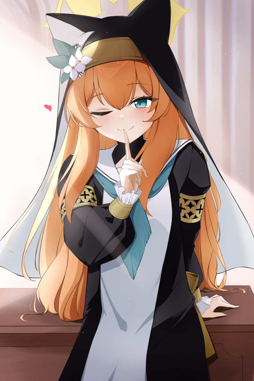 1girl absurdres animal_ear_headwear aonossco black_jacket blue_archive blue_eyes blue_neckerchief blush closed_mouth dress fake_animal_ears finger_to_mouth hair_between_eyes highres jacket long_hair looking_at_viewer mari_(blue_archive) neckerchief nun one_eye_closed orange_eyes shushing sidelocks smile solo white_dress