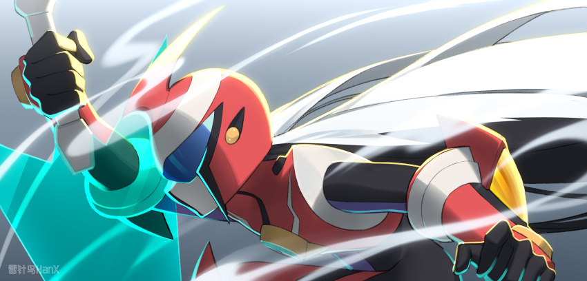 1boy armor assault_visor buzzsaw_(6631455) energy_sword from_side grey_hair helmet highres holding holding_sword holding_weapon long_hair male_focus mega_man_(series) mega_man_battle_network_(series) mega_man_zero_(series) protoman.exe red_armor red_helmet solo sword upper_body weapon z_saber