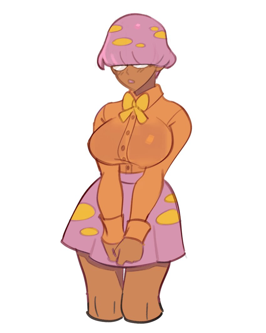 1girl absurdres blonde_hair bow bowl_cut bowtie breasts collared_shirt cropped_legs dark-skinned_female dark_skin facing_viewer game_freak gen_1_pokemon glasses high-waist_skirt highres itslyssalala large_breasts long_sleeves multicolored_hair mushroom_girl nintendo opaque_glasses open_mouth orange_shirt own_hands_together parasect personification pokemon red_hair red_skirt shirt short_hair skirt solo spotted_hair spotted_skirt two-tone_hair v_arms yellow_bow
