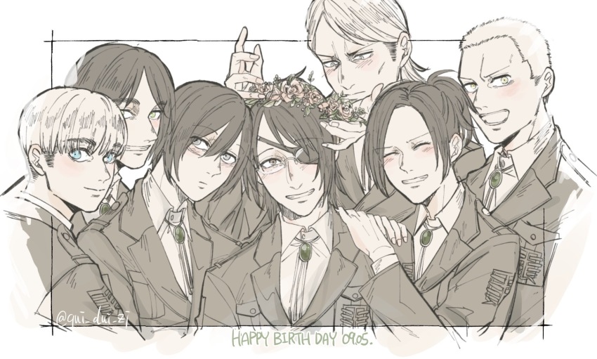 3girls 4boys armin_arlert blue_eyes bolo_tie border brown_eyes closed_eyes closed_mouth collared_shirt connie_springer dated eren_yeager eyepatch facial_scar furrowed_brow glasses grin hair_between_eyes hands_on_another&#039;s_shoulders hange_zoe happy_birthday head_wreath highres jacket jean_kirstein medium_hair mikasa_ackerman military_jacket military_uniform multiple_boys multiple_girls open_mouth parted_bangs ponytail qui_dui_zi sasha_blouse scar scar_on_cheek scar_on_face sepia shingeki_no_kyojin shirt short_hair smile swept_bangs teeth twitter_username upper_body very_short_hair white_border