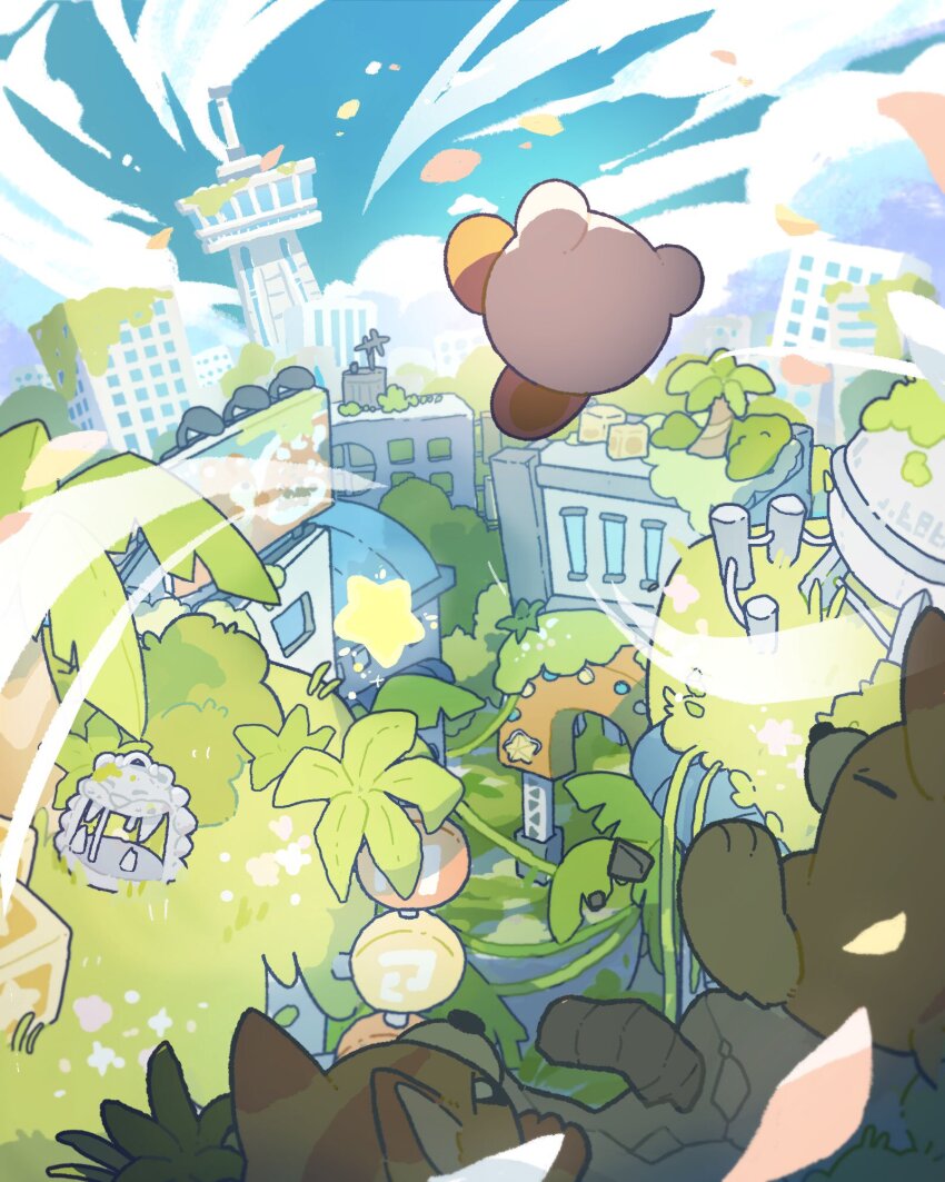 awoofy blue_sky blush_stickers building cloud cloudy_sky floating from_behind harukui highres kirby kirby_(series) kirby_and_the_forgotten_land nintendo no_humans sky warp_star