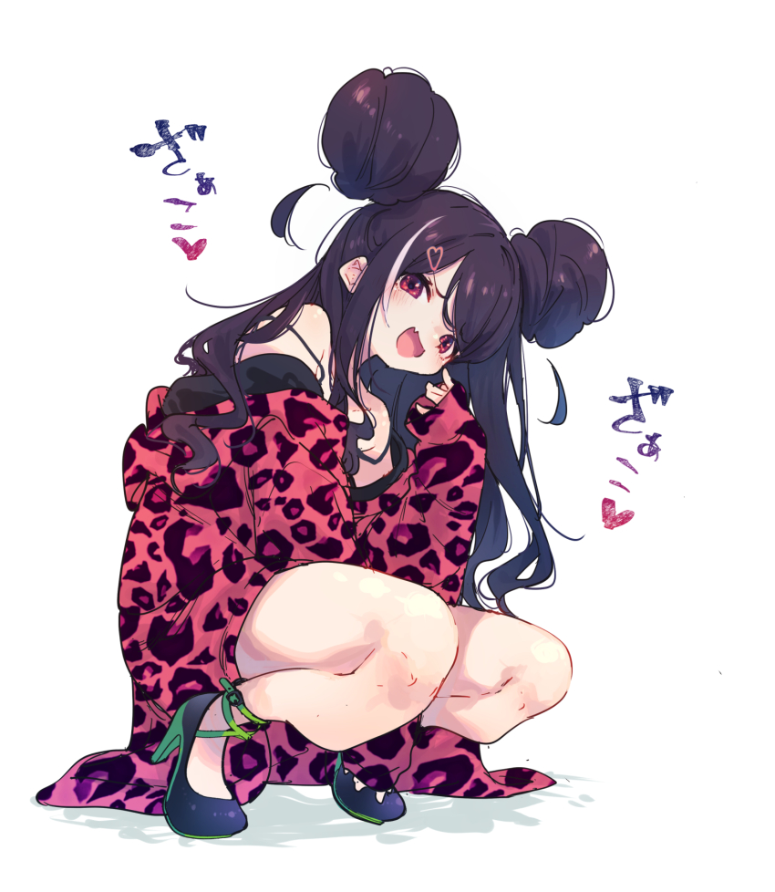1girl :d alternate_eye_color alternate_hair_color animal_print black_footwear black_hair blush coat coat_partially_removed collarbone commentary_request detached_hair double_strap_slip fang full_body green_footwear hamayumiba_sou high_heels highres leopard_print long_sleeves looking_at_viewer multicolored_hair ochikobore_fruit_tart open_mouth pink_coat red_eyes sekino_roko shadow simple_background skin_fang sleeves_past_wrists smile solo squatting strap_slip streaked_hair two-tone_footwear white_background white_hair