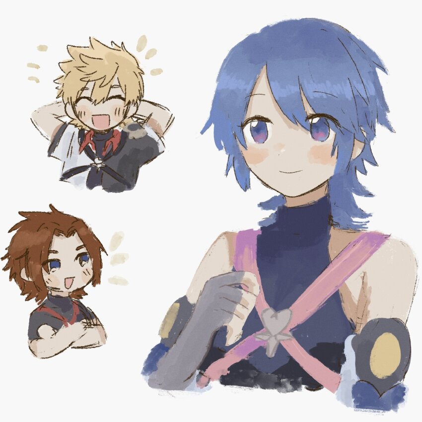 1girl 2boys :d aqua_(kingdom_hearts) blonde_hair blue_eyes blue_hair brown_hair chest_strap closed_eyes closed_mouth crossed_arms fingerless_gloves gloves happy highres kingdom_hearts kingdom_hearts_birth_by_sleep multiple_boys open_mouth shirt smile spiked_hair terra_(kingdom_hearts) vegetable108 ventus_(kingdom_hearts)