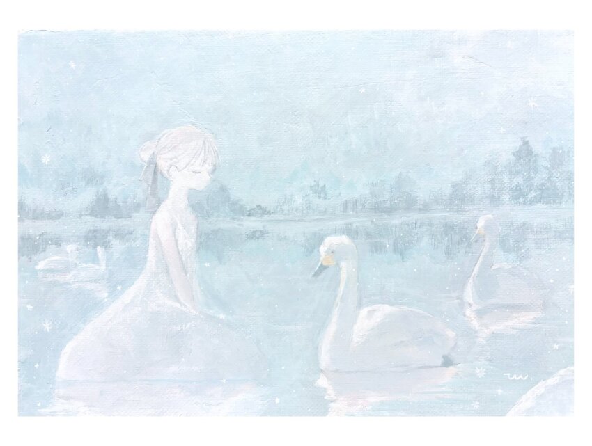 1girl between_legs bird blue_theme border closed_eyes dress hand_between_legs highres kneeling lake no_mouth original outdoors reflection reflective_water sky solo swan tensen traditional_media tree white_border white_dress