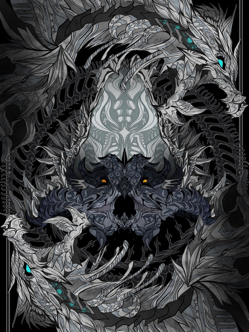 bone diaaarai dragon fang glowing glowing_eyes highres monster monster_hunter_(series) monster_hunter_x nakarkos no_humans open_mouth skull spikes tentacles