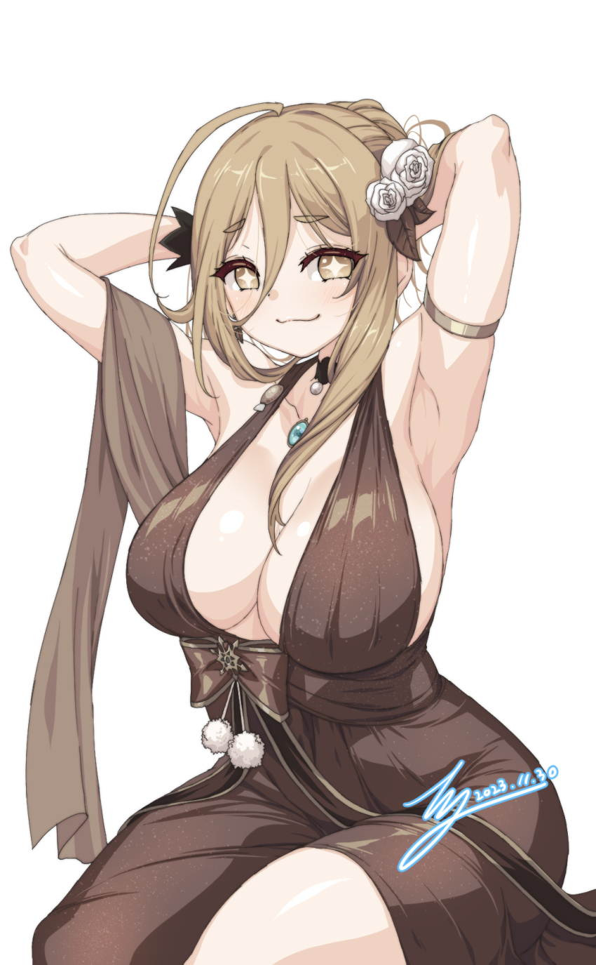 1girl ahoge alternate_breast_size armpits arms_up blonde_hair breasts brown_dress brown_hair brown_sash cleavage closed_mouth commentary commission dated dress english_commentary flower hair_flower hair_ornament highres knees_out_of_frame large_breasts long_hair looking_at_viewer original pom_pom_(clothes) rantia rose seiza signature simple_background sitting smile solo sparkling_eyes symbol-shaped_pupils thighs white_background white_flower white_rose