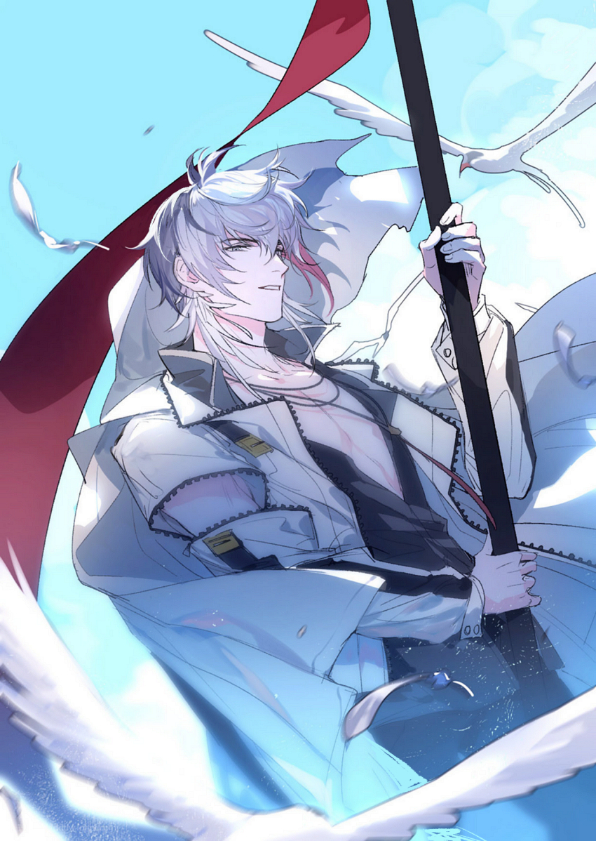 1boy arknights bird black_hair black_pants black_shirt blue_sky blurry blurry_foreground chinese_commentary cloud collared_shirt commentary_request cowboy_shot day dutch_angle elysium_(arknights) falling_feathers feathers flag grey_eyes highres holding holding_flag jacket jewelry long_sleeves male_focus multicolored_hair necklace open_clothes open_jacket outdoors pants parted_lips partially_unbuttoned red_flag red_hair shirt sky solo streaked_hair white_hair white_jacket xiandao1213