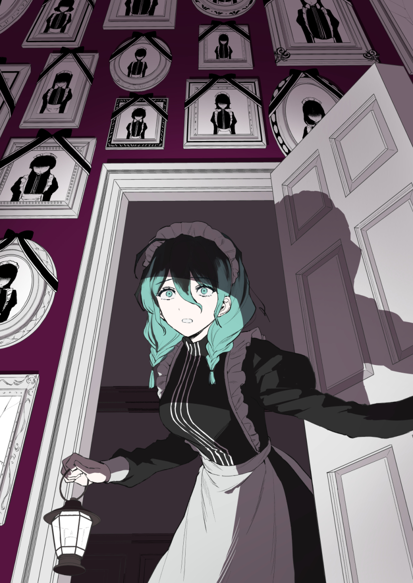 1girl alternate_costume alternate_hair_color alternate_hairstyle apron aqua_eyes aqua_hair black_dress black_hair braid breasts commentary_request cowboy_shot dress gradient_hair hair_between_eyes hair_over_shoulder hatsune_miku highres holding holding_lantern indoors juliet_sleeves lantern long_hair long_sleeves looking_at_viewer low_twin_braids maid maid_apron maid_headdress medium_breasts multicolored_hair open_mouth opening_door portrait_(object) puffy_sleeves saji_no_majinai_(vocaloid) shadow solo standing twin_braids ucmr_thor vocaloid waist_apron white_apron wide-eyed
