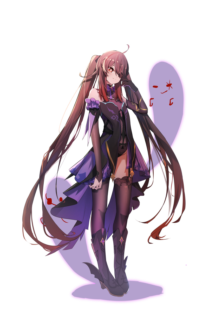 1girl absurdres ahoge alternate_costume blush brown_hair eyepatch fischl_(genshin_impact) flower-shaped_pupils full_body genshin_impact ghost gradient_hair highres hu_tao_(genshin_impact) looking_at_viewer multicolored_hair qixia sidelocks simple_background standing symbol-shaped_pupils white_background