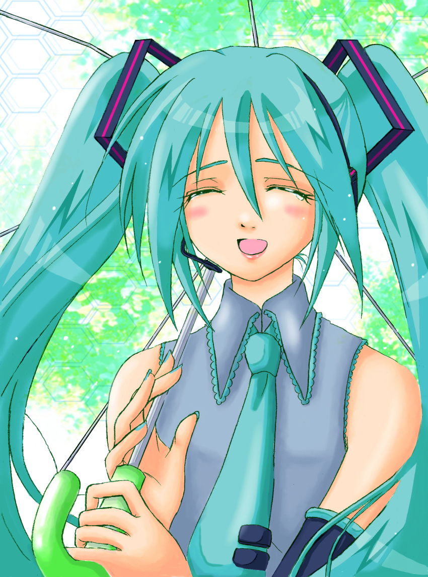 1girl 2000s_(style) blue_hair blue_nails blue_necktie blush closed_eyes collared_shirt commentary day detached_sleeves foliage grey_shirt hands_up hatsune_miku highres holding holding_umbrella kochomi long_hair melt_(vocaloid) mixed_media necktie open_mouth outdoors shirt single_tear sleeveless sleeveless_shirt smile solo tearing_up transparent transparent_umbrella tree twintails umbrella upper_body vocaloid wing_collar