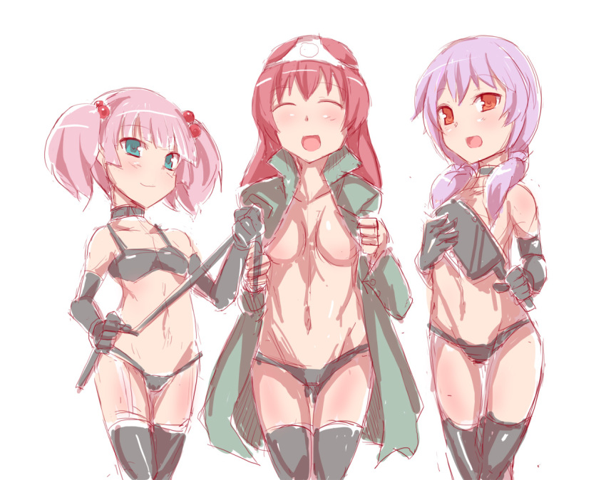 3girls akaza_akane black_bra black_choker black_panties black_thighhighs blue_eyes blush bra breasts choker cleavage closed_eyes closed_mouth collarbone elbow_gloves female_focus gedou_danshaku gloves green_jacket hair_bobbles hair_ornament jacket large_breasts long_hair looking_at_viewer multiple_girls navel no_bra object_on_head open_mouth orange_eyes paddle panties panties_on_head pink_hair purple_hair red_hair shiny_skin short_hair simple_background sketch small_breasts smile smug thighhighs twintails underwear upper_body whip white_background white_panties yoshikawa_chinatsu yoshikawa_tomoko yuru_yuri