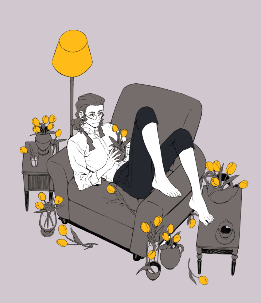 1boy armchair barefoot bow bowtie chair classicaloid closed_mouth commentary flower flower_pot franz_schubert_(classicaloid) full_body glasses grey_background greyscale highres lamp long_sleeves male_focus monochrome sf_jd short_hair simple_background sitting smile solo spot_color symbol-only_commentary table tulip undone_bowtie yellow_flower yellow_tulip