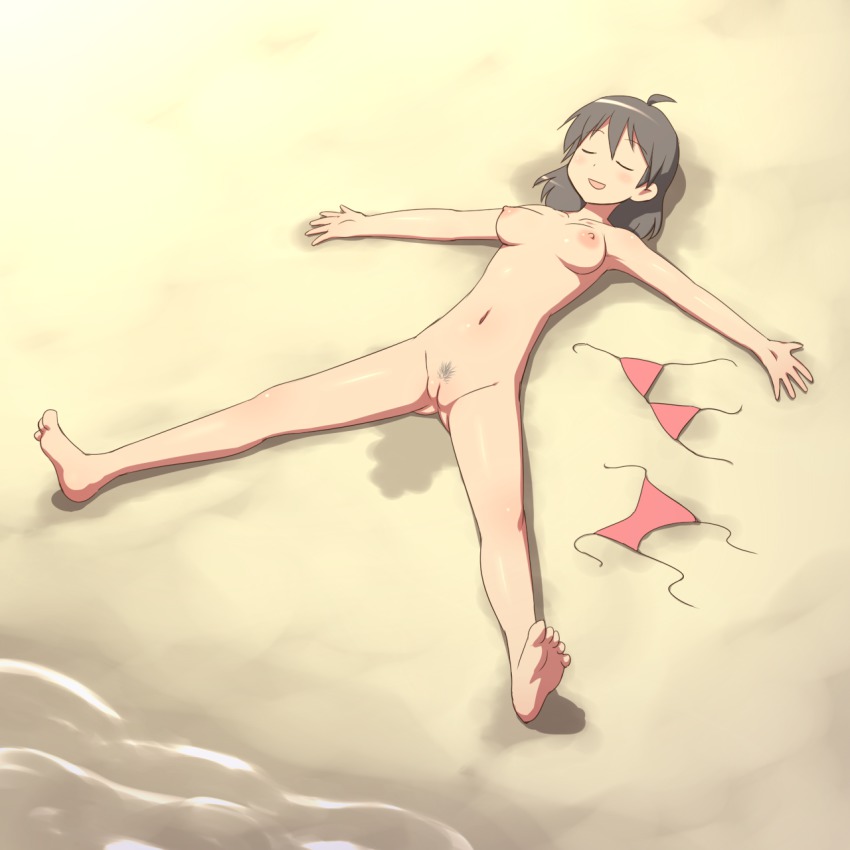 1girl :d aaaa_(quad-a) ahoge bad_id bad_pixiv_id barefoot beach bikini blush breasts breasts_apart brown_hair cleft_of_venus closed_eyes clothes_on_floor collarbone completely_nude day fat_mons feet female_focus female_pubic_hair groin highres legs lying medium_breasts navel nipples nude nudist on_back on_ground open_mouth original outdoors outstretched_arms outstretched_hand pubic_hair public_indecency pussy short_hair sleeping small_breasts smile soles solo sparse_pubic_hair spread_arms spread_legs sunbathing swimsuit toes uncensored unworn_bikini unworn_bikini_bottom unworn_bikini_top unworn_clothes unworn_swimsuit water