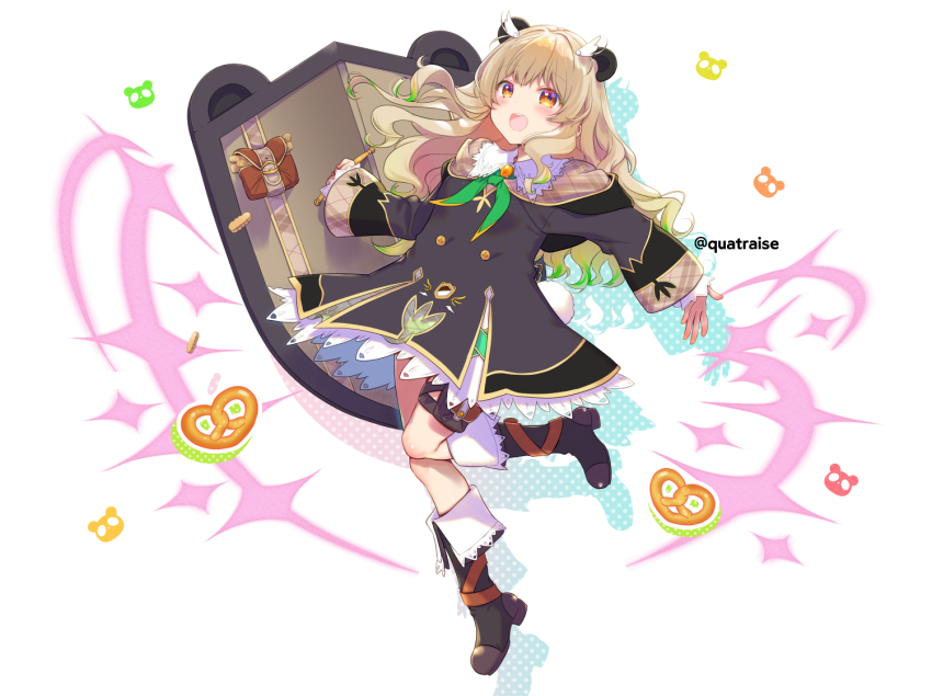 1girl amatsuna_sasaha animal_ears belt blush breasts brown_eyes brown_hair commentary_request food full_body hair_between_eyes hair_ornament indie_virtual_youtuber leg_up long_hair looking_at_viewer open_mouth quatraise shield simple_background small_breasts solo tail thigh_belt thigh_strap twitter_username virtual_youtuber white_background winged_hair_ornament