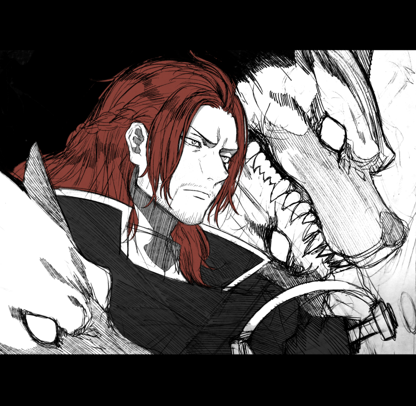 1boy bake_ryori beard_stubble black_cape cape cerberus dog empty_eyes facial_hair figarland_shamrock high_collar highres holding holding_sword holding_weapon living_weapon long_hair male_focus mustache_stubble one_piece orange_hair partially_colored serious sharp_teeth sketch stubble sword teeth weapon