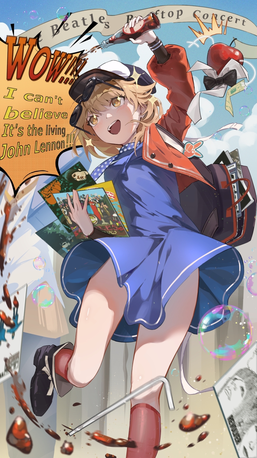 1girl :d ^^^ ankle_boots apple apple_(reverse:1999) arm_up backpack bag black_boots black_bow black_bowtie blue_dress blue_neckerchief blue_sky boots bottle bow bowtie brown_bag brown_hair bubble newsboy_cap cloud dress english_text eyewear_on_head food foot_out_of_frame fruit hat highres holding holding_bottle holding_record_jacket jacket leg_up looking_up mune_yin&#039;an_hua_hua_de neckerchief open_bag open_mouth orange_eyes polka_dot_neckerchief pouring record_jacket red_jacket red_socks regulus_(reverse:1999) reverse:1999 short_dress short_hair sky smile socks soda_bottle solo sparkle speech_bubble standing standing_on_one_leg sunglasses teeth traditional_bowtie upper_teeth_only