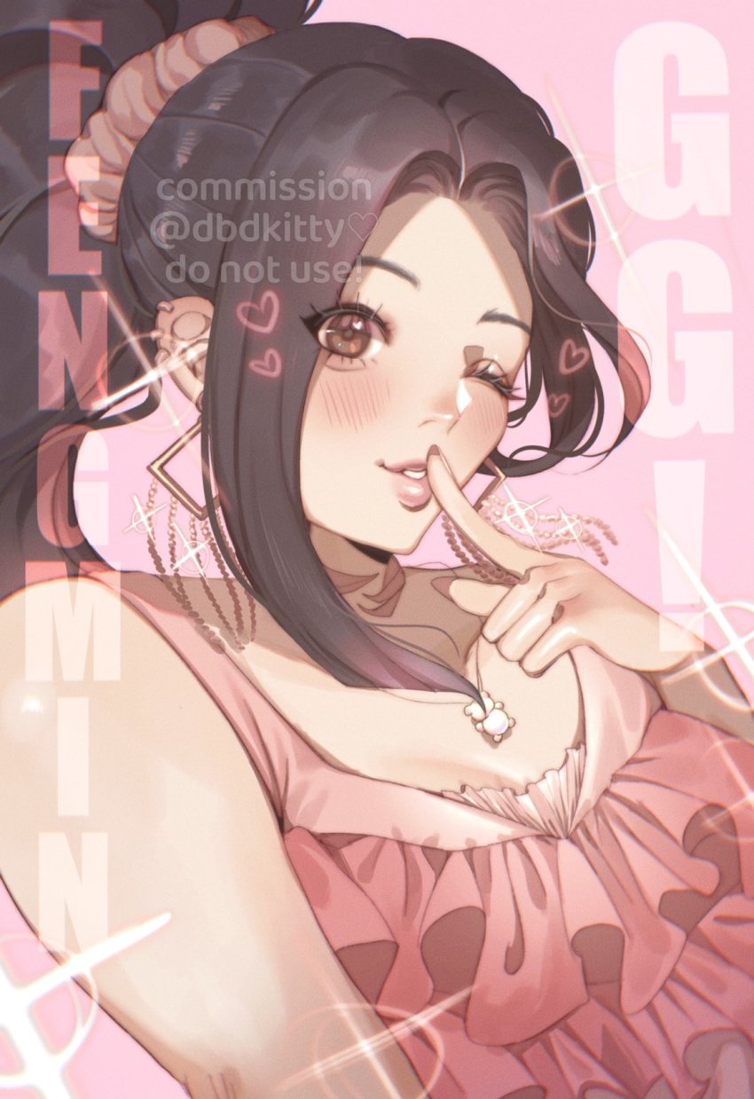 1girl alternate_costume alternate_hairstyle black_hair breasts brown_eyes cleavage commentary commission dead_by_daylight dress earrings english_commentary feng_min hair_behind_ear highres jewelry kitty_keihara looking_at_viewer necklace one_eye_closed parted_bangs parted_lips pink_background pink_dress smile solo watermark
