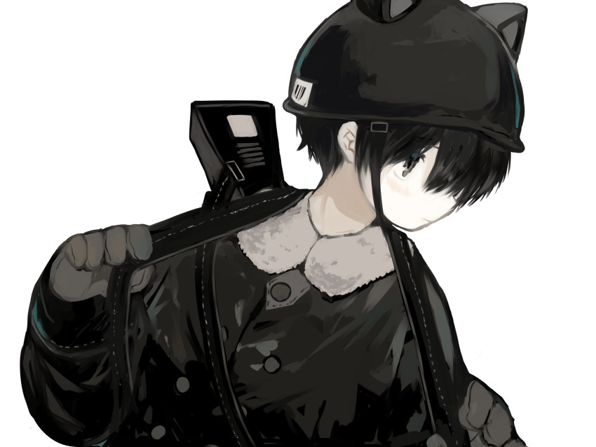 1boy animal_ears animal_ears_helmet animal_helmet black_eyes black_hair black_helmet black_jacket blush buttons cat_ears closed_mouth collared_shirt commentary_request cotono_(nazekun) gloves grey_gloves helmet highres jacket long_sleeves male_focus neko-kun_(cotono_(nazekun)) original pale_skin shirt short_hair simple_background solo upper_body white_background