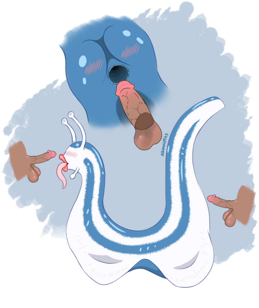 2boys alkanoid743 anal anus ass ass_focus blue_skin blush colored_skin dark-skinned_male dark_skin double_penetration fellatio_gesture furry furry_female gaping gaping_anus highres katsuyu multiple_boys naruto naruto_(series) naruto_shippuuden penis pov pussy red_lips slime_(creature) tongue tongue_out white_skin