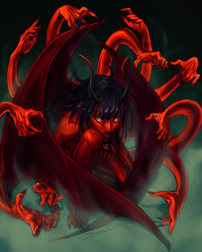 1girl absurdres black_background black_hair blunt_bangs colored_skin commentary darkcore2943 demon_girl demonio_fleur devil_fruit_power english_commentary extra_arms eyelashes fangs fingernails hana_hana_no_mi highres horns kneeling long_fingernails looking_at_viewer making-of_available nico_robin one_piece red_skin signature smoke solo wings yellow_eyes