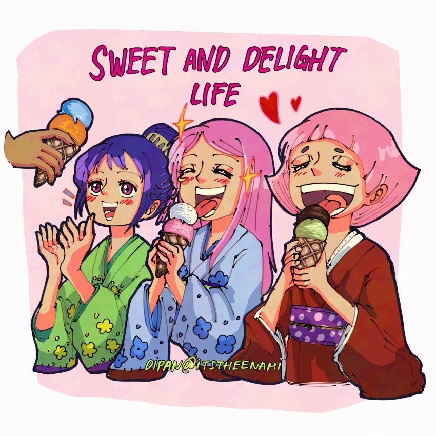 3girls ^_^ anti-eyebrow_piercing blue_kimono blush child closed_eyes eating floral_print floral_print_kimono food giving_food green_kimono hair_bun heart highres holding holding_food holding_ice_cream ice_cream itstheenami japanese_clothes jewelry_bonney kimono kurozumi_tama long_hair multiple_girls notice_lines obi one_piece pink_background pink_hair print_kimono purple_hair red_kimono sash short_hair sparkle toko_(one_piece) twitter_username wide_sleeves