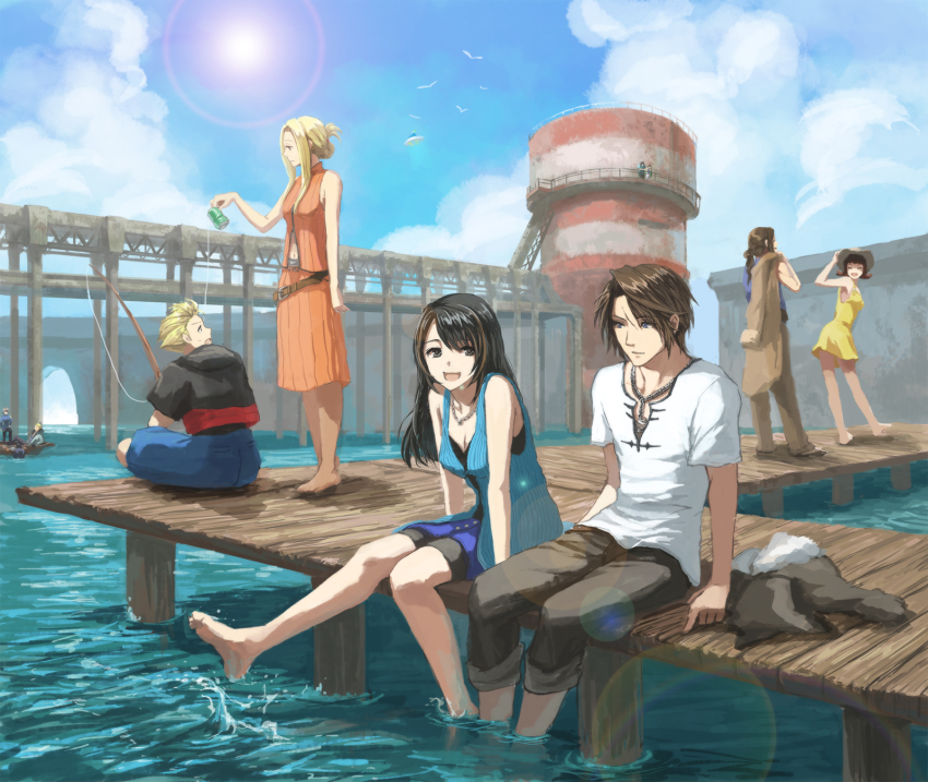 5girls 6+boys barefoot black_hair blonde_hair blue_sky blurry boat brown_hair casual cloud day depth_of_field dress ellone everyone final_fantasy final_fantasy_viii fishing fishing_rod fuujin_(ff8) habbitrot highres irvine_kinneas jacket jewelry laguna_loire lens_flare multicolored_hair multiple_boys multiple_girls necklace pier quistis_trepe raijin_(ff8) rinoa_heartilly seifer_almasy selphie_tilmitt shorts shorts_under_skirt sitting skirt sky sleeveless slice_of_life smile soaking_feet squall_leonhart sun sundress two-tone_hair unworn_jacket water water_tower watercraft zell_dincht