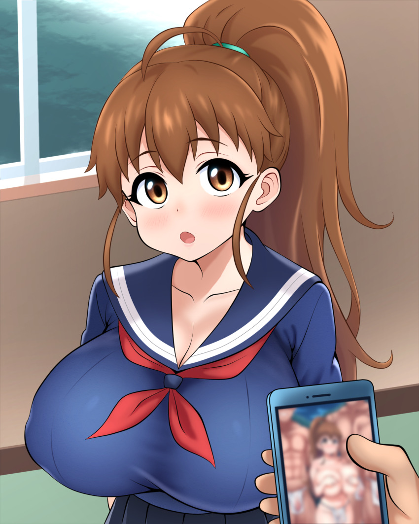 1girl 3boys ahoge amurabito1 ascot black_skirt blue_shirt blush breasts brown_eyes brown_hair cellphone cellphone_photo cleavage collarbone hair_between_eyes hair_tie highres huge_breasts long_hair multiple_boys open_mouth phone red_ascot school_uniform shirt short_sleeves skirt taneshima_popura working!!