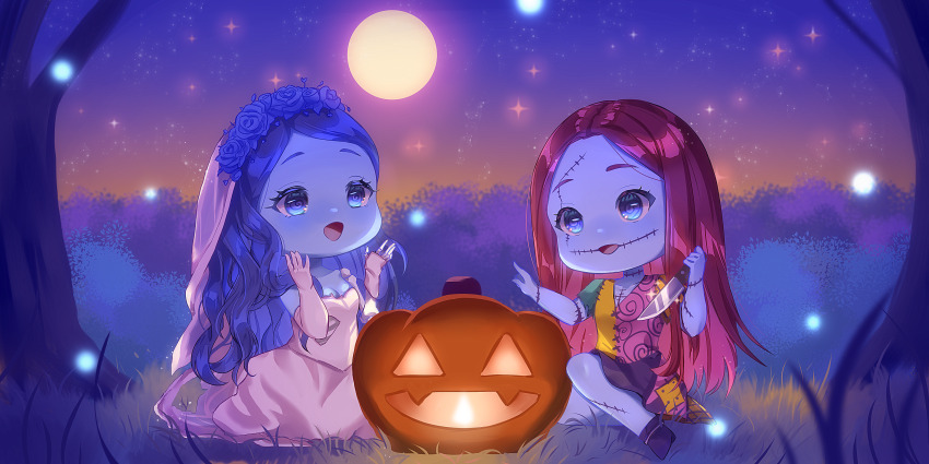 1boy 2girls absurdres annalee-sama blue_skin bridal_veil bride chibi colored_skin corpse_bride crossover dress emily_(corpse_bride) highres long_hair moon multiple_girls open_mouth patchwork_skin pinstripe_pattern red_hair sally_(nbc) smile stitched_arm stitched_face stitched_torso stitches striped_clothes the_nightmare_before_christmas undead veil wedding_dress