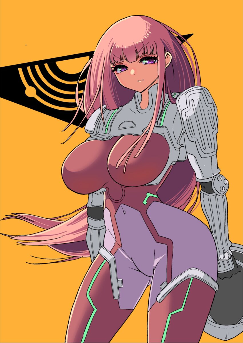 1girl bodysuit breasts closed_mouth covered_navel gloves groin helmet highres holding holding_helmet ken_marinaris large_breasts long_hair looking_at_viewer mecha_pilot_suit nickq pink_bodysuit pink_eyes pink_hair solo standing very_long_hair zone_of_the_enders