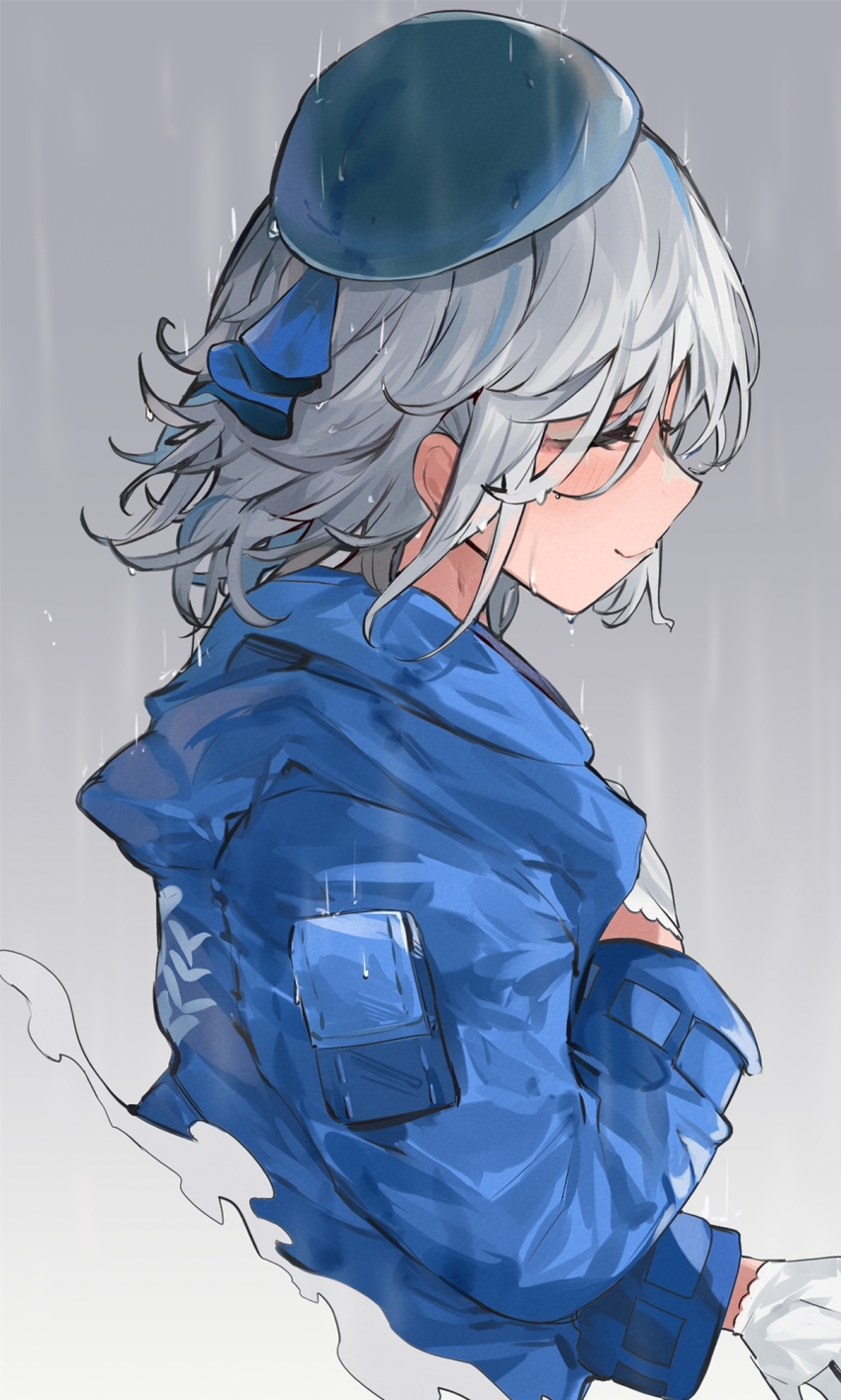 1girl amagai_ruka appleseed_(appleseed_art) black_hat blue_jacket blush closed_eyes gloves hat highres indie_virtual_youtuber jacket rain short_hair upper_body water_drop wet wet_hair white_gloves